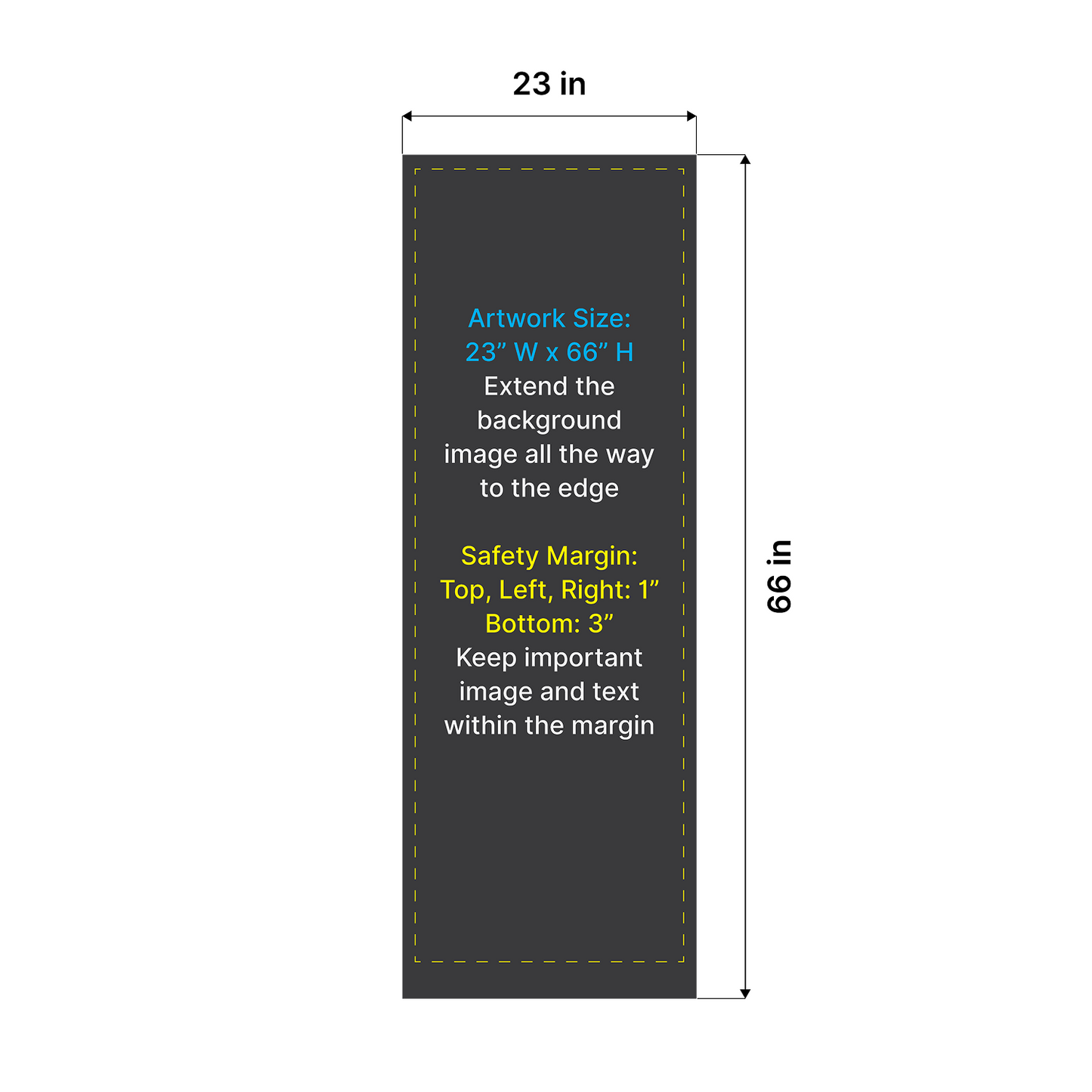 Artwork size and safety margin setup diagram for GoVizly 23x65 compact retractable banner stand