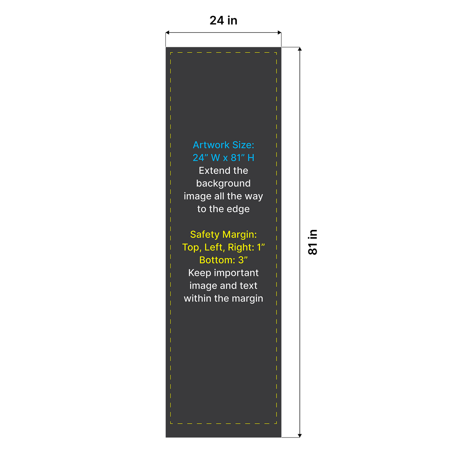 Artwork size and safety margin setup diagram for GoVizly 24x80 slim retractable banner stand