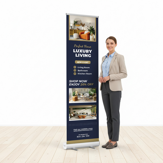 GoVizly 24x80 slim retractable banner stand shown next to person for scale