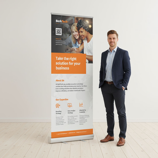 GoVizly 33x80 standard retractable banner stand shown next to person for scale
