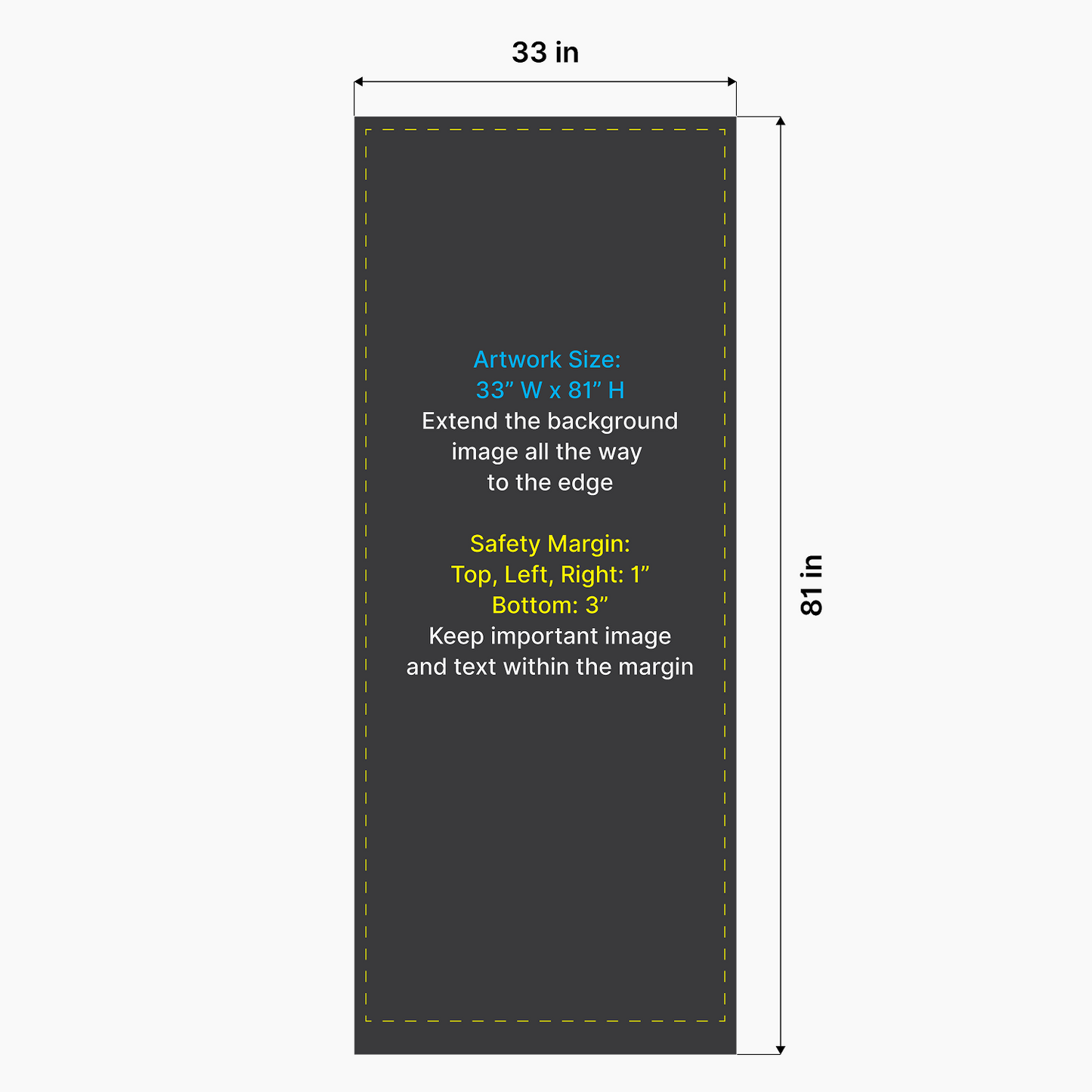 Artwork size and safety margin diagram for GoVizly 33x80 double sided retractable banner stand