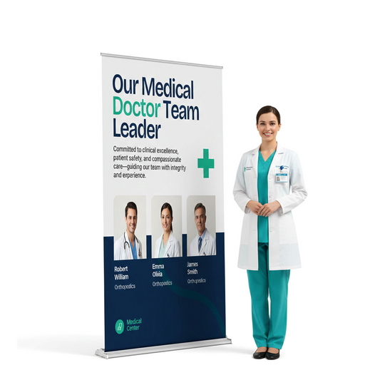 Large 48x69 retractable banner stand shown next to a medical professional model to illustrate the wide 48-inch footprint and professional visual impact.