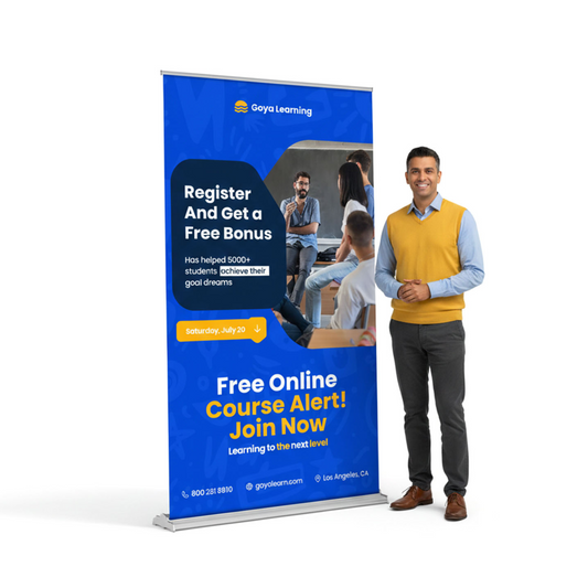 Large 48x80 retractable banner stand shown next to a professional model to illustrate the expansive 48-inch width and high-impact visual height.
