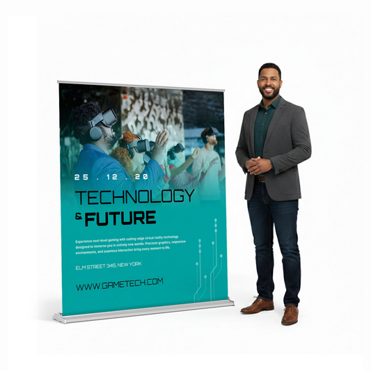 Expansive 60x69 retractable banner stand shown next to a professional model to demonstrate the 5-foot width and high-impact visual presence.