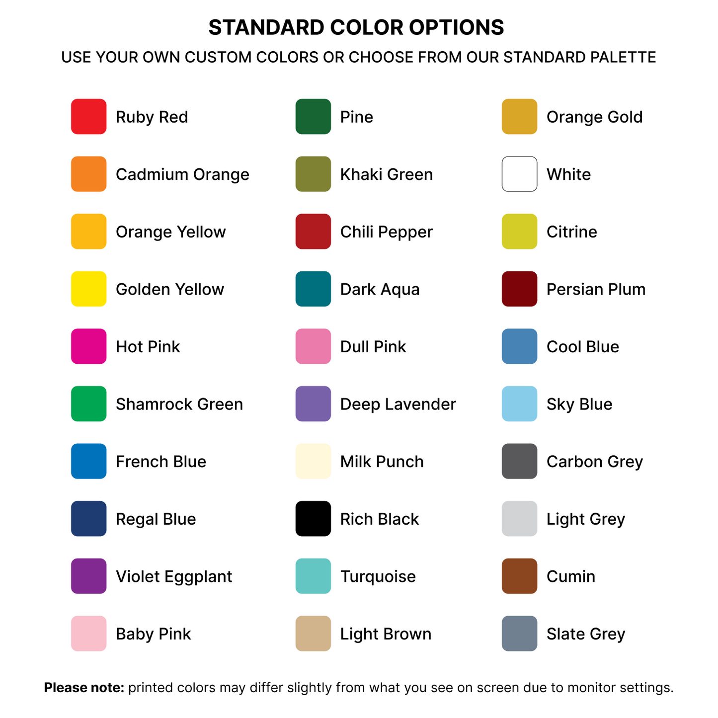 GoVizly Displays standard color palette with 30 color options for step and repeat banner stands and custom logo table covers. Free layout and proof. Free saver shipping sitewide.