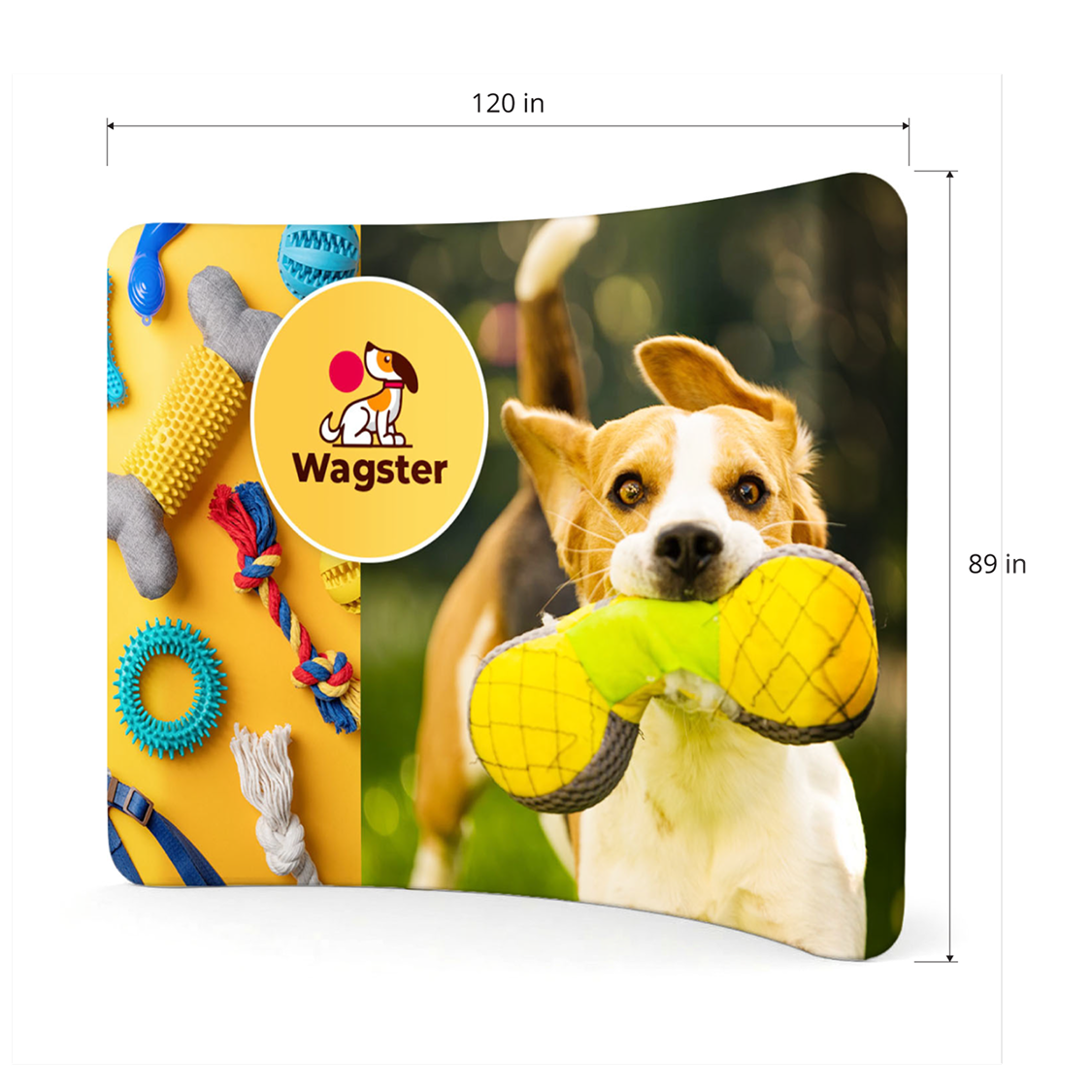 GoVizly 10ft curved tension fabric display measurement diagram showing 120 inch width and 89 inch height