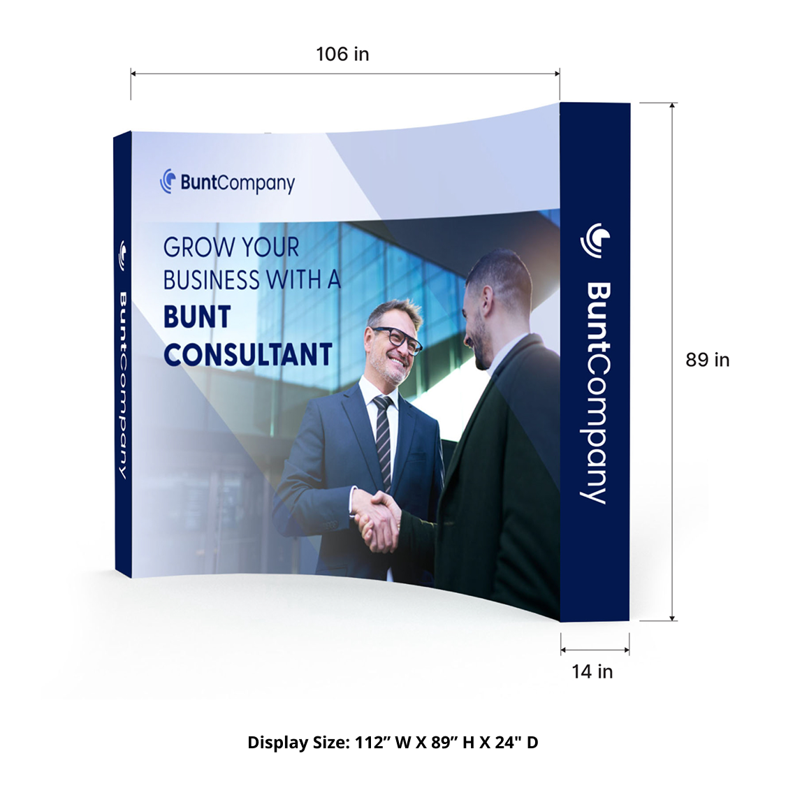 GoVizly 10ft curved pop-up display measurement diagram showing 112 inch width, 89 inch height and 24 inch depth