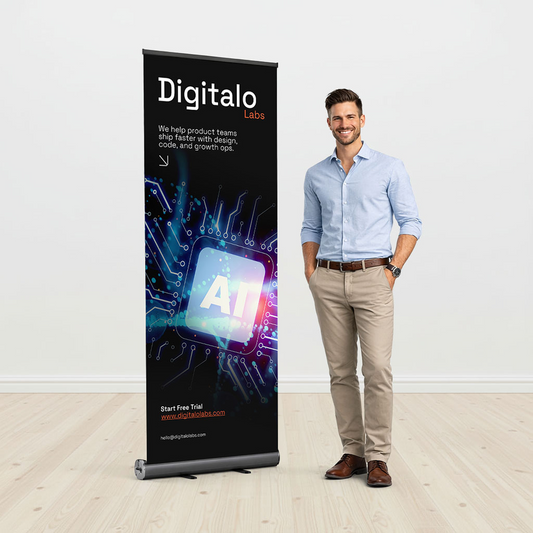 GoVizly 33x80 black retractable banner stand shown next to person for scale