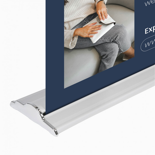 Close-up of GoVizly 36 inch height-adjustable retractable banner stand base cassette detail