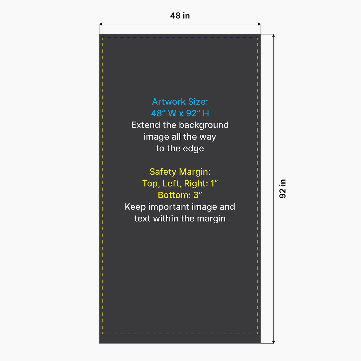 Artwork size and safety margin setup diagram for GoVizly 48 inch height-adjustable retractable banner stand