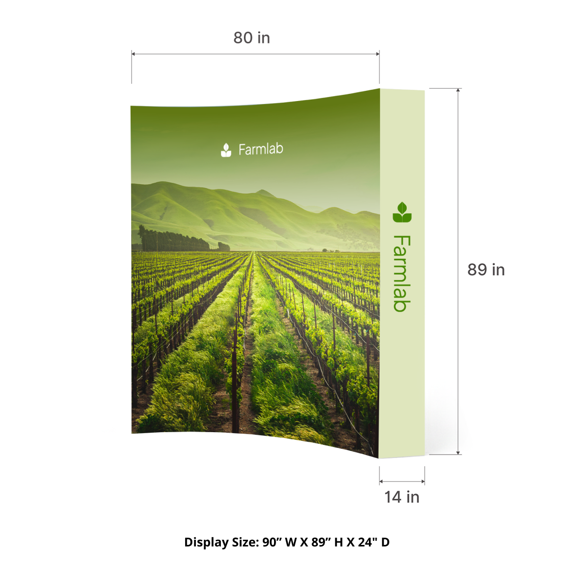 GoVizly 8ft curved pop-up display with LED and podium dimensions diagram 90 inches wide by 89 inches tall