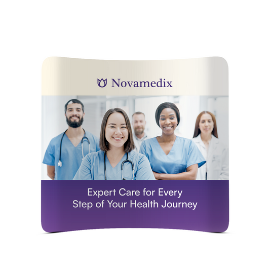 GoVizly curved tension fabric display featuring a high-quality beauty brand graphic for impactful marketing at nationwide conventions and expos.