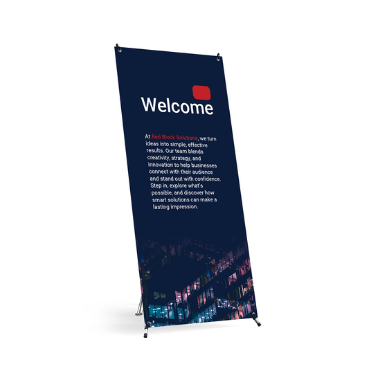 GoVizly X-Banner Stand & Graphic Package front view with full-color printed graphic