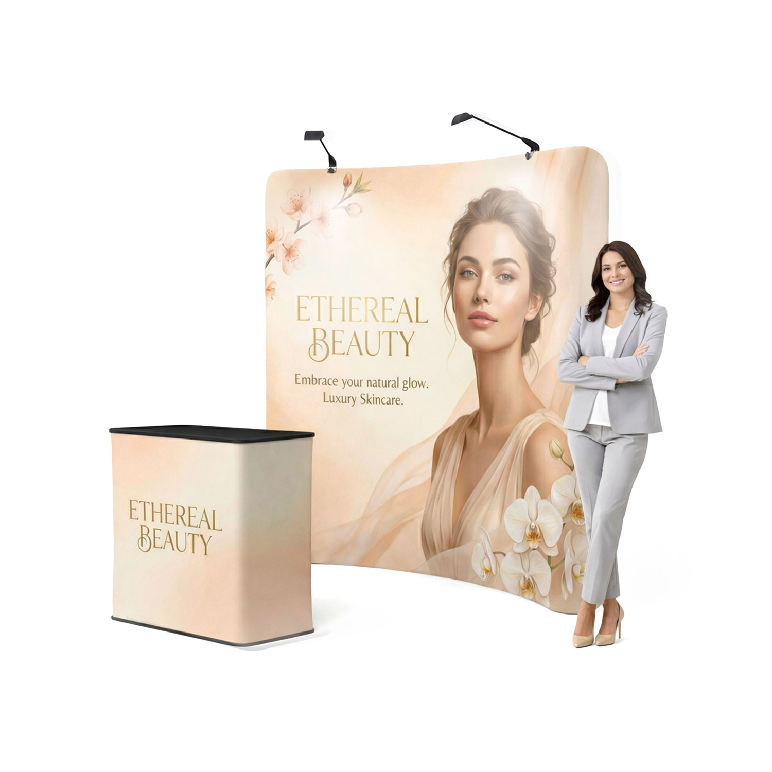 8ft curved tension fabric display and matching podium counter with high-end "Ethereal Beauty" skincare graphics and professional booth lighting.