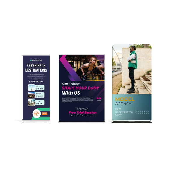 Custom banner stands — retractable, tension fabric, and X-banner styles, rush production available, ships nationwide