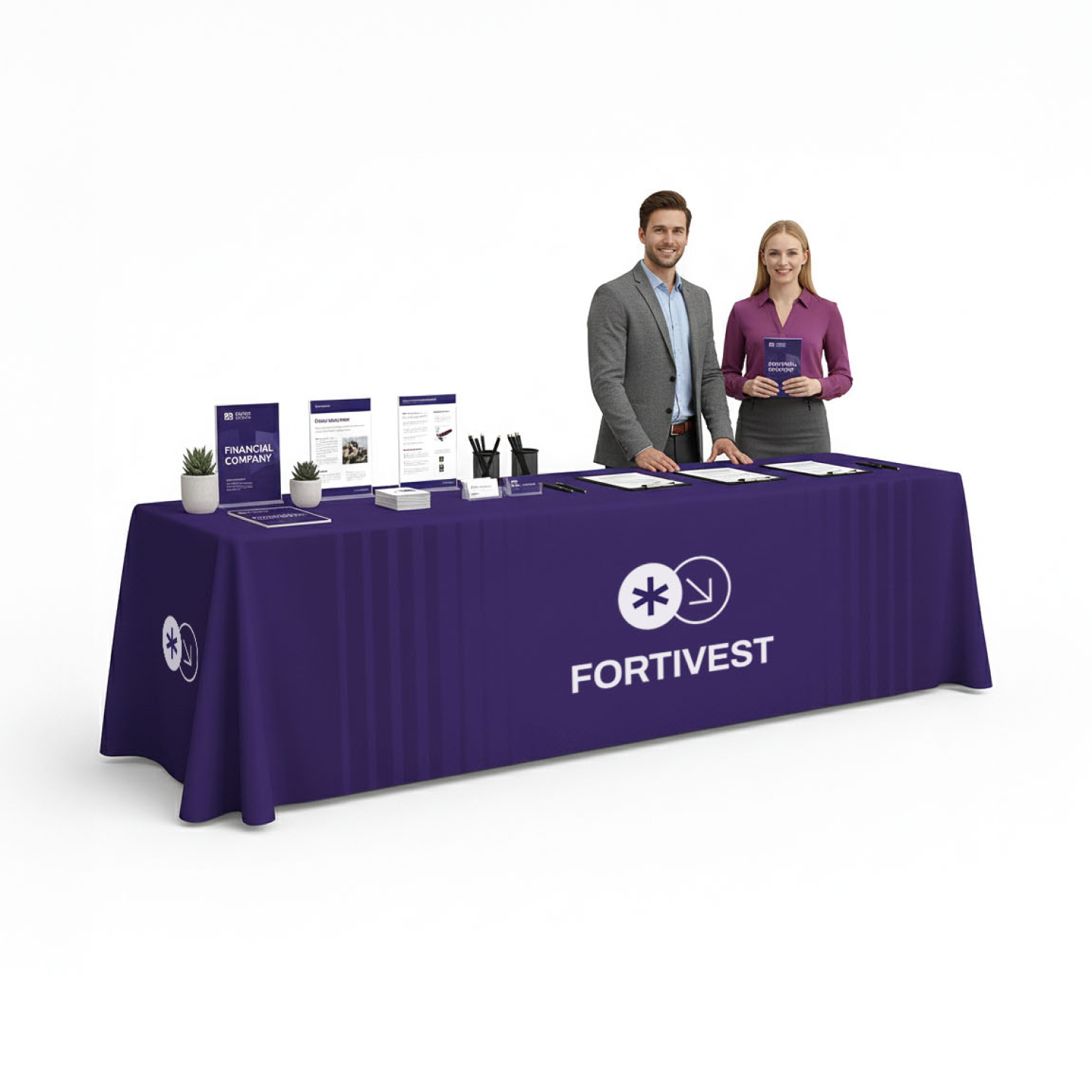 Premium 8ft branded tablecloth for large event display tables featuring high-resolution logo placement and wrinkle-resistant fabric.
