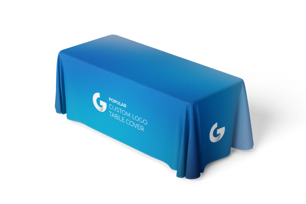 Professional 6ft custom logo table cover with full-color gradient printing for corporate trade show exhibits.