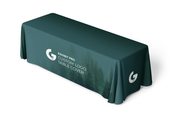 Premium 8ft custom logo table cover in matte black for sports organizations, featuring high-fidelity Green Lion Youth Soccer graphics and professional-grade fabric for athletic recruitment events.