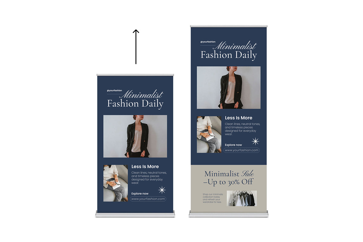 Premium retractable banner stand with minimalist fashion brand graphics, showcasing adjustable heights and heavy-duty silver hardware.