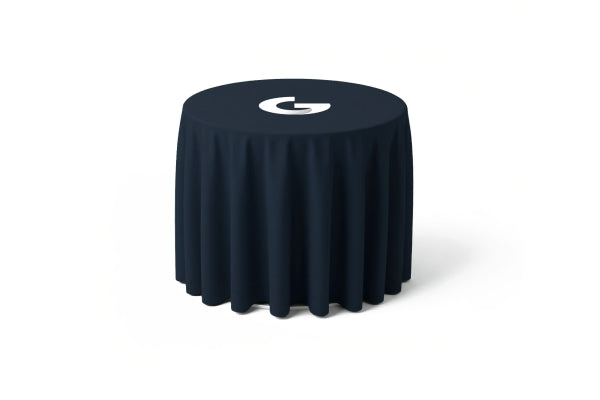 Modern custom logo table runner and branded round table cover for high-end networking events and cocktail receptions.