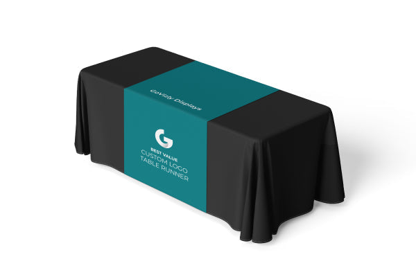 Modern custom logo table runner and branded round table cover for high-end networking events and cocktail receptions.