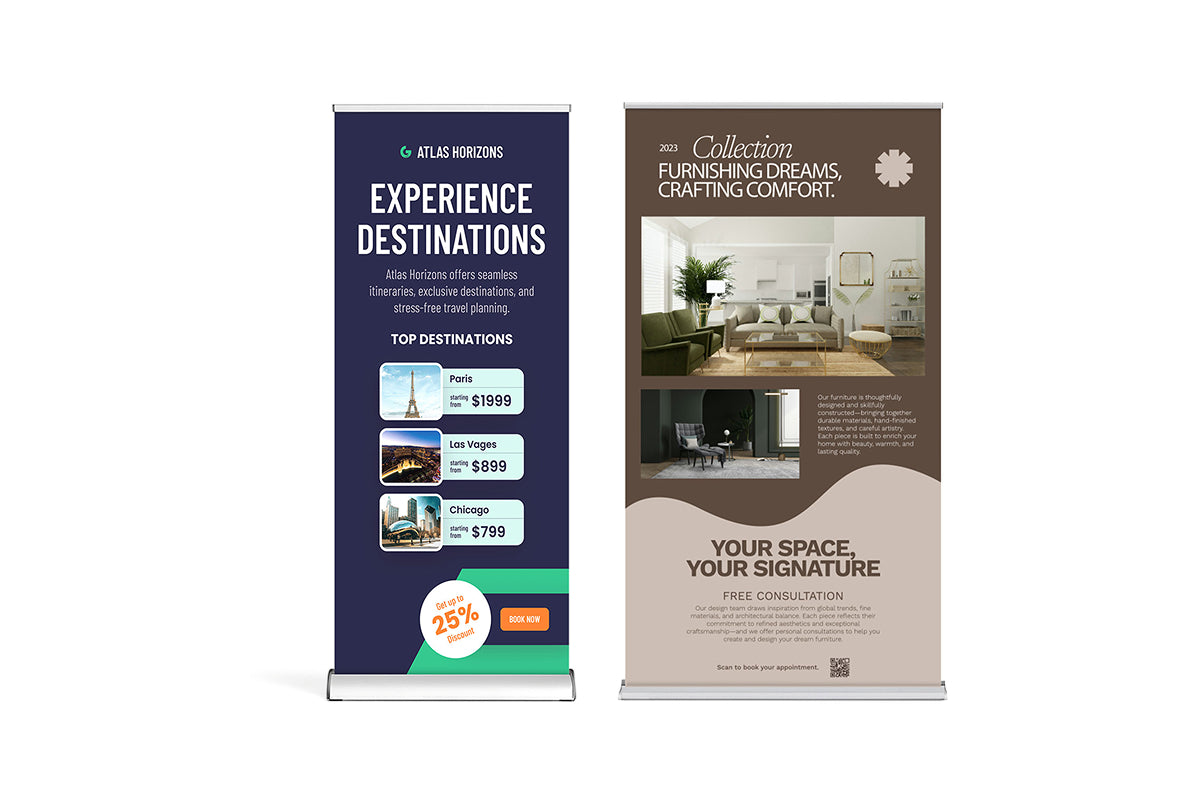 Pair of high-end roll-up banner stands with premium graphics for luxury travel agencies and interior design furniture collections.