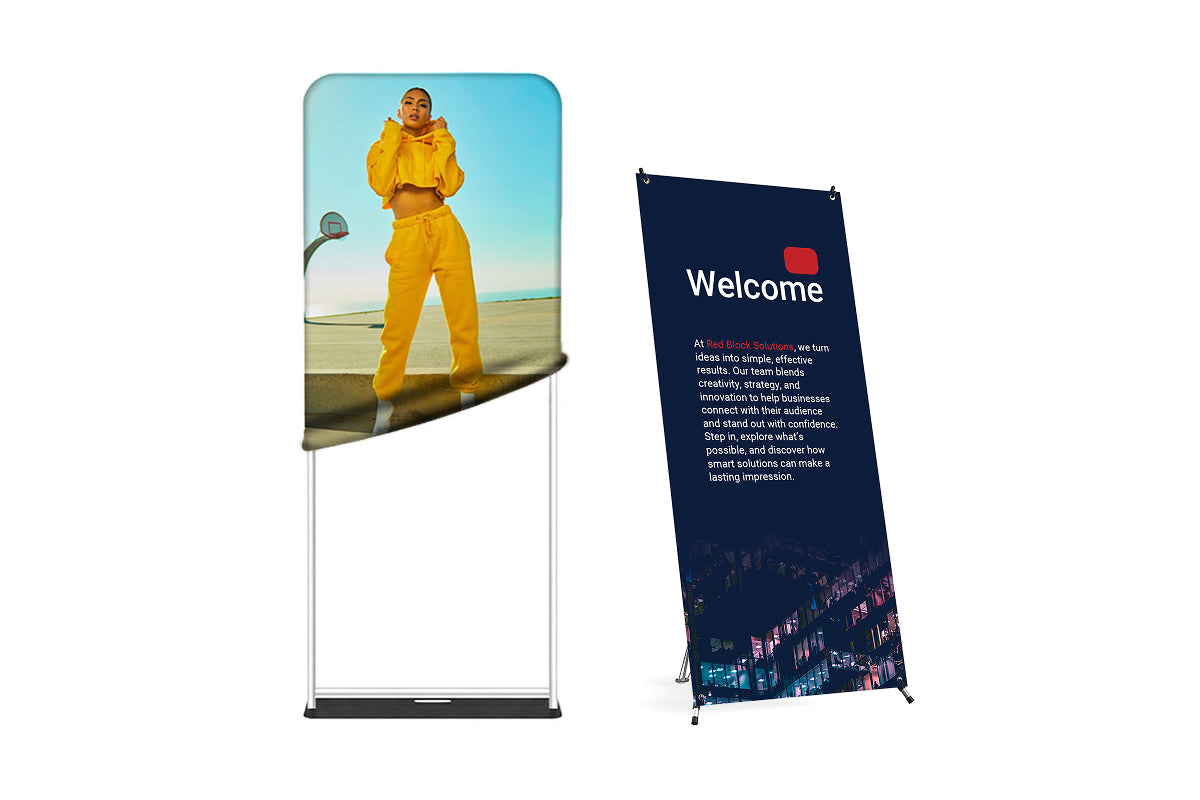 Modern tension fabric tube display and X-frame banner for model agencies and corporate welcome events, featuring vibrant, full-color digital printing.