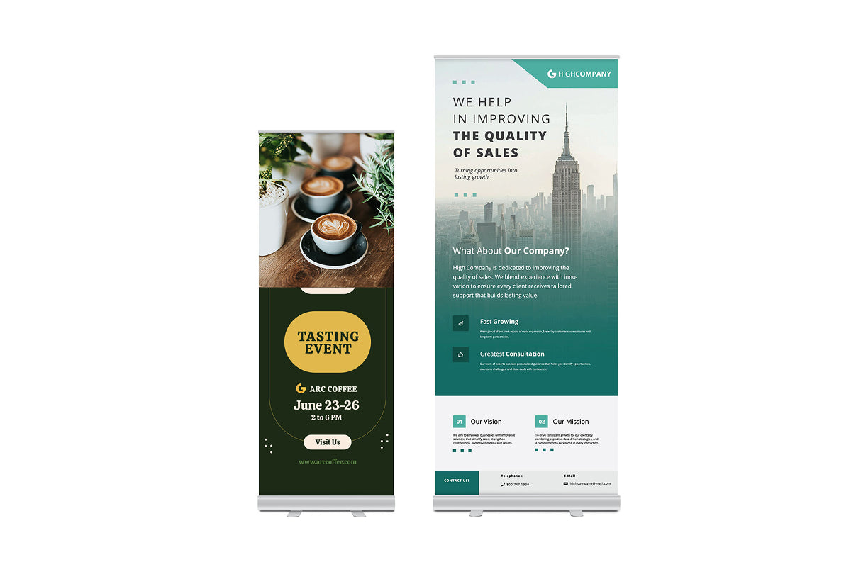 Two standard custom retractable banner stands for business marketing, featuring high-resolution graphics for a coffee shop 'Tasting Event' and a corporate skyscraper 'Quality of Sales' presentation.