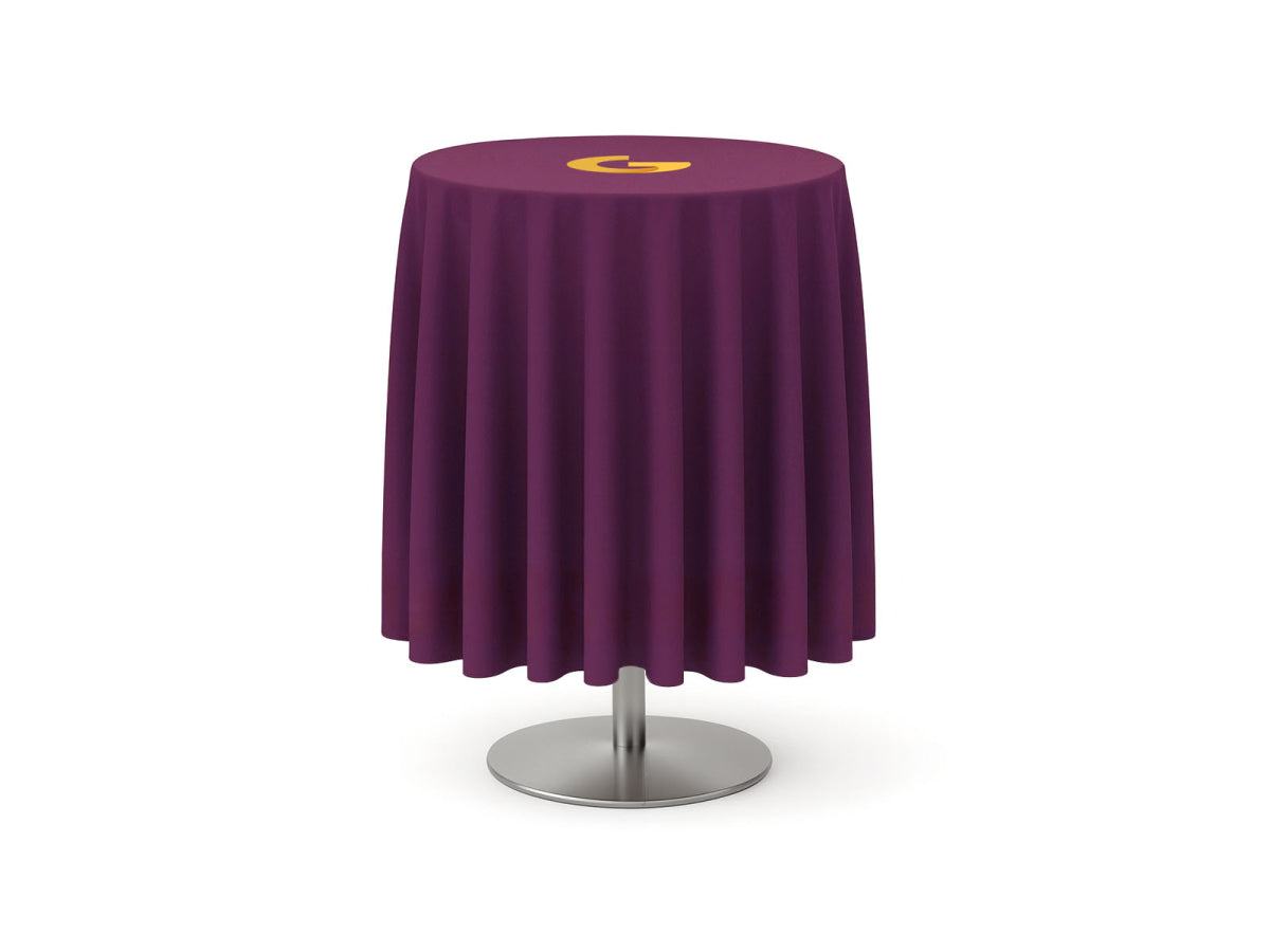 Custom logo round table covers for bar height round table by GoVizly Displays for branded events and presentations, featuring custom printing, free layout service, free proof approval, fast turnaround, and reliable customer support.