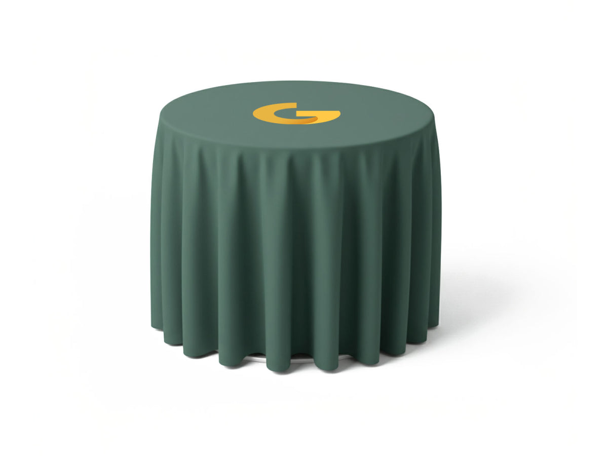 Custom logo round table covers for standard 28" H round table by GoVizly Displays for branded events and presentations, featuring custom printing, free layout service, free proof approval, fast turnaround, and reliable customer support.
