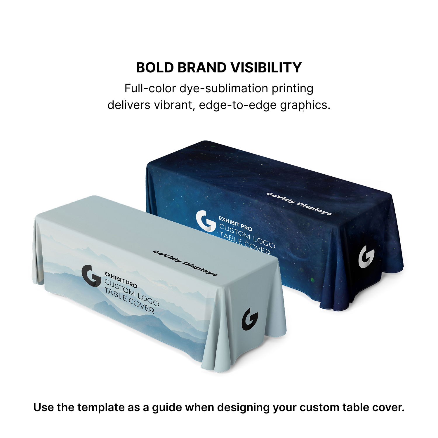 GoVizly Displays 8ft custom logo table covers for trade show and events. Full color dye-sublimation printing, edge to edge graphics. 