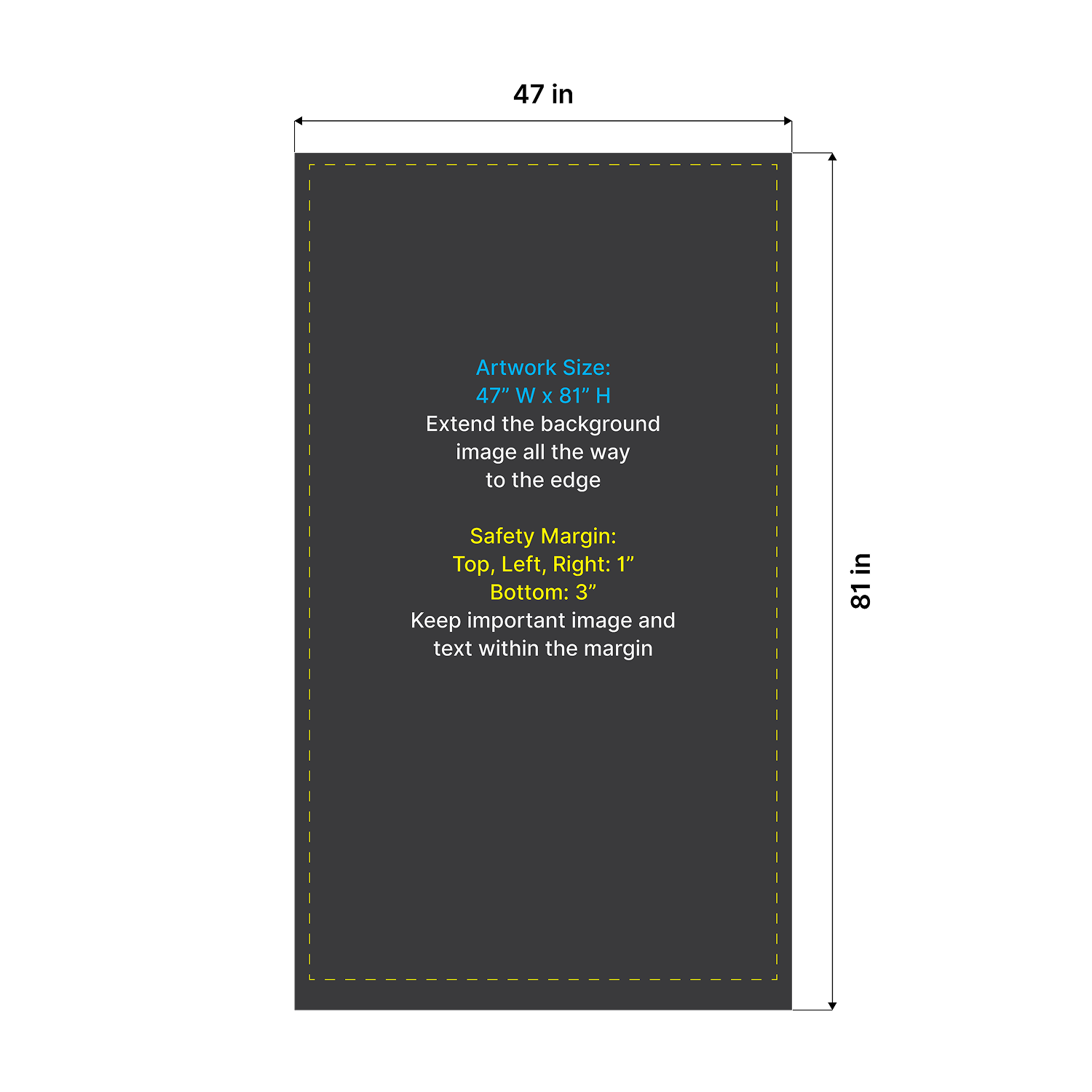GoVizly Displays 47x80 retractable banner stand print-ready file setup guide showing artwork size 47"W x 81"H with safety margins – trade show displays with free file check and quick turnaround