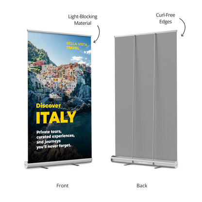 GoVizly Displays front and back view of a 47x80 retractable banner stand with light-blocking material and curl-free edges – trade show displays with fast nationwide shipping and rush delivery available