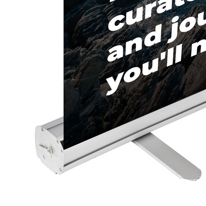 GoVizly Displays close-up of the aluminum base hardware on a 47x80 retractable banner stand for trade show displays – built for durability with rush delivery available
