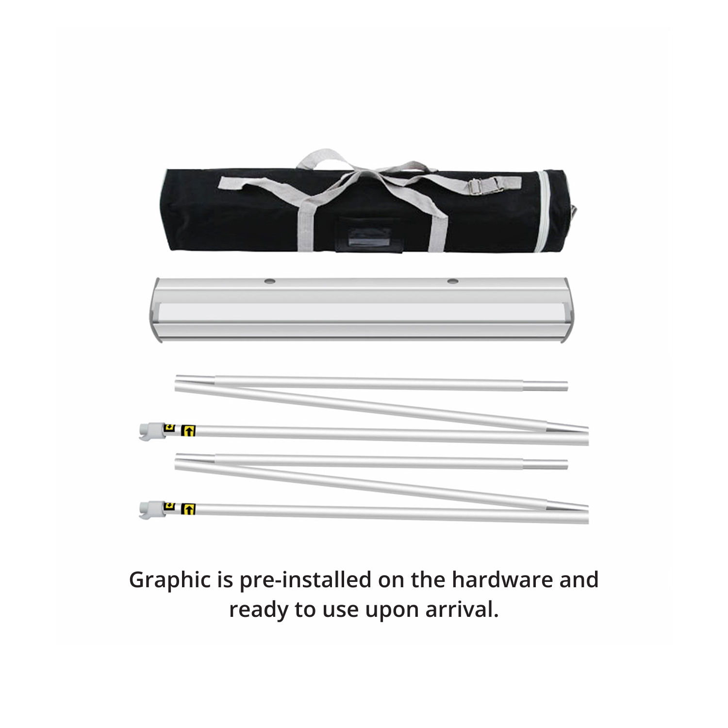 GoVizly Displays complete hardware kit for a 47x80 retractable banner stand including carry bag, support poles, and top rail – trade show displays with quick turnaround and fast nationwide shipping