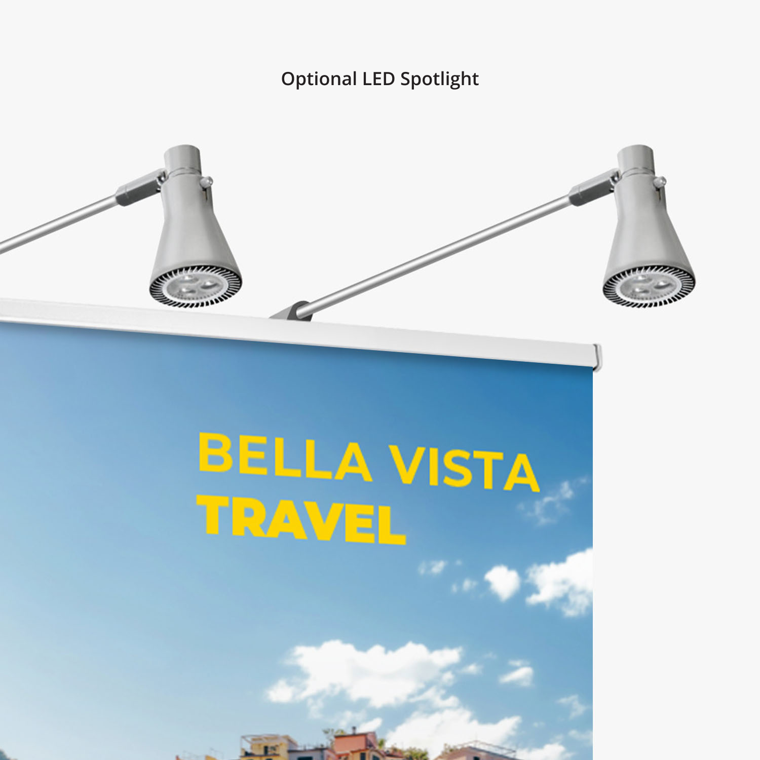 GoVizly Displays optional LED spotlight add-on for a 47x80 retractable banner stand – illuminate your trade show display with fast nationwide shipping and rush delivery available