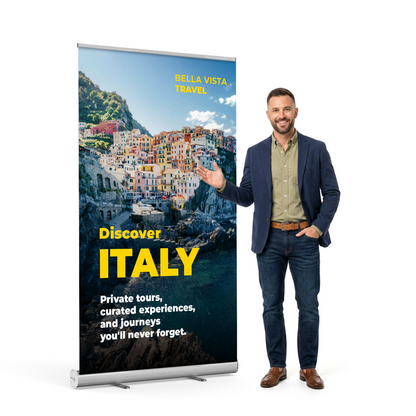 GoVizly Displays man standing next to a 47x80 retractable banner stand at a trade show display – free file check, quick turnaround, and fast nationwide shipping included