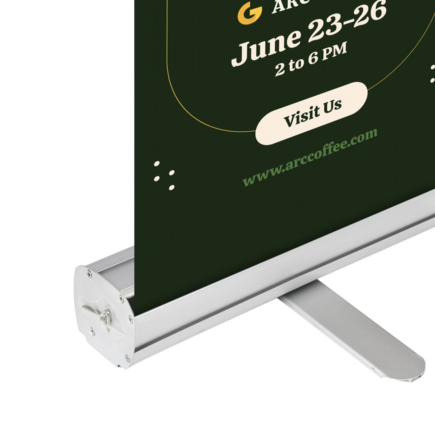 Close-up detail of GoVizly 23x65 compact retractable banner stand base and rotating stabilizing foot