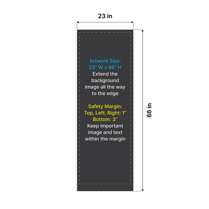 Artwork size and safety margin setup diagram for GoVizly 23x65 compact retractable banner stand