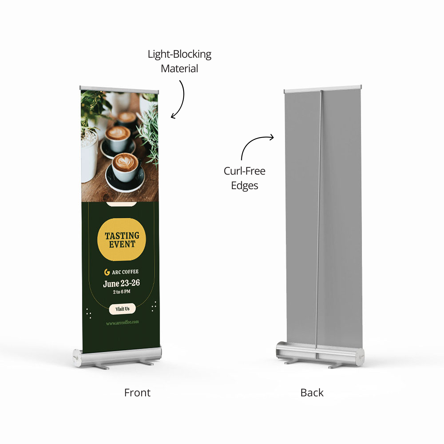 Front and back view of GoVizly 23x65 compact retractable banner stand showing light-blocking fabric material
