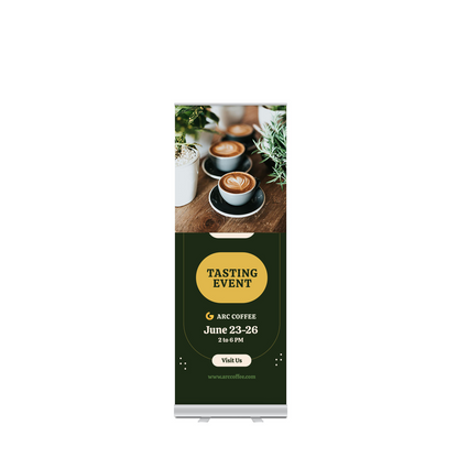 GoVizly 23x65 compact retractable banner stand front view with full-color printed graphic