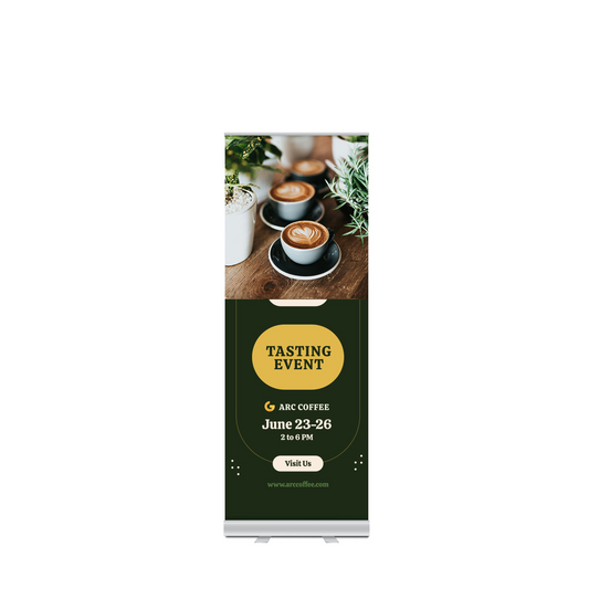 GoVizly 23x65 compact retractable banner stand front view with full-color printed graphic