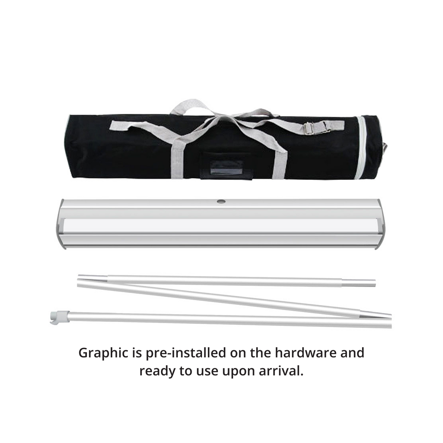 All included components of GoVizly 23x65 compact retractable banner stand — base, pole, graphic, and carrying case