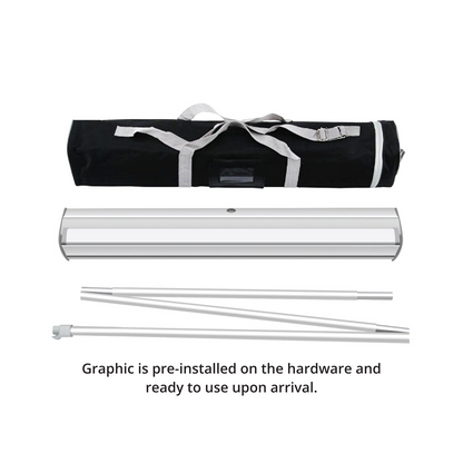 All included components of GoVizly 23x65 compact retractable banner stand — base, pole, graphic, and carrying case