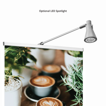 Optional LED spotlight accessory shown attached to GoVizly compact retractable banner stand