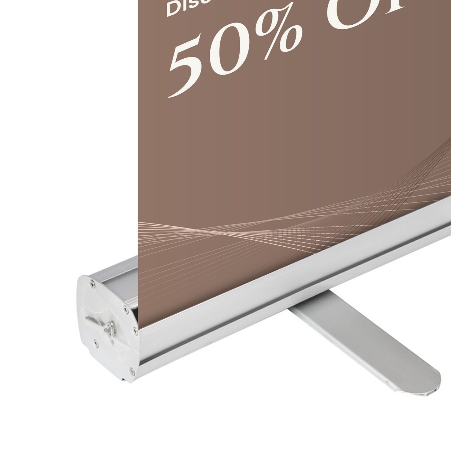 Close-up detail of GoVizly 24x80 slim retractable banner stand base and stabilizing foot