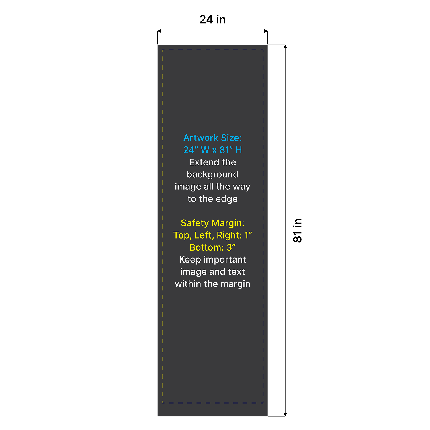 Artwork size and safety margin setup diagram for GoVizly 24x80 slim retractable banner stand