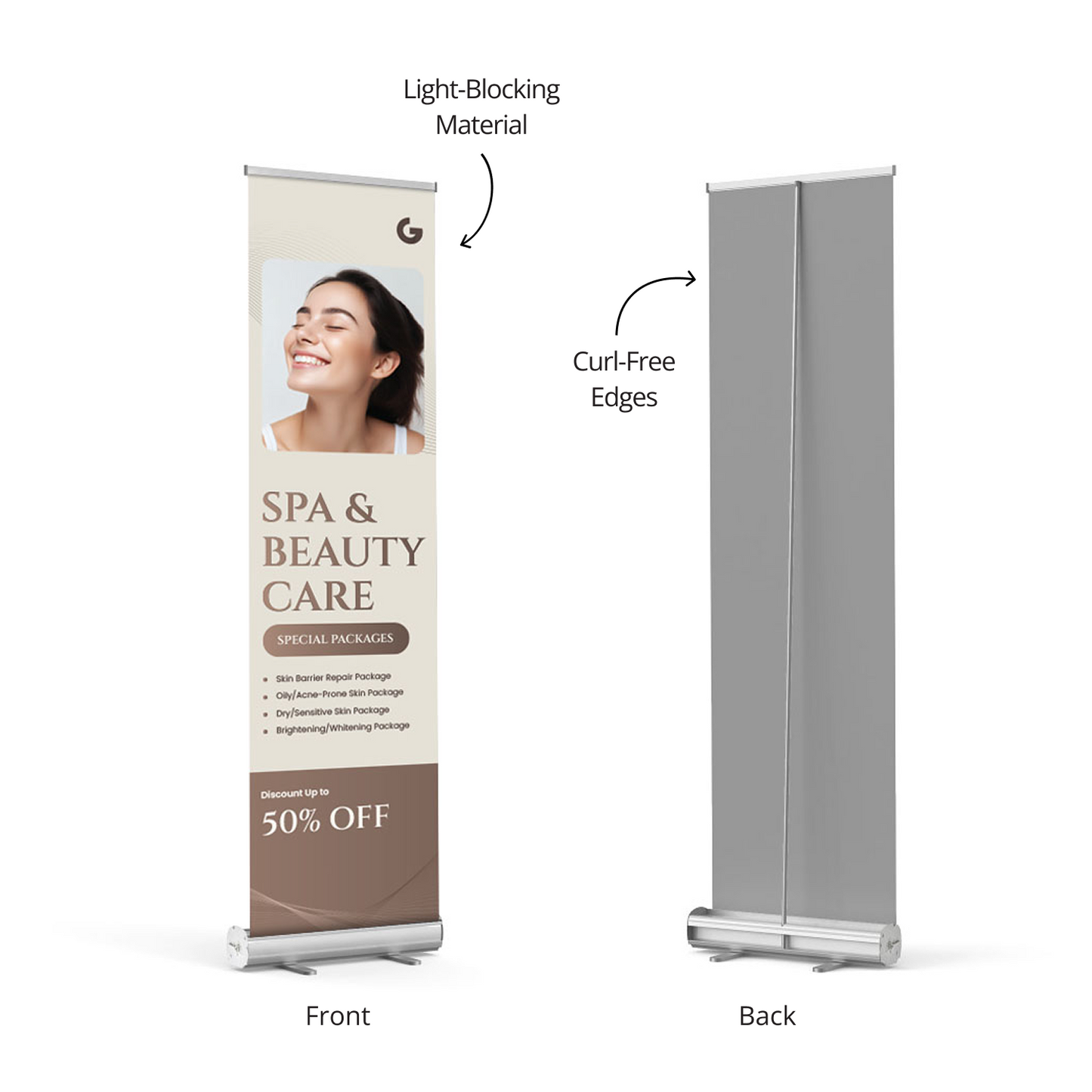 Front and back view of GoVizly 24x80 slim retractable banner stand showing light-blocking fabric material