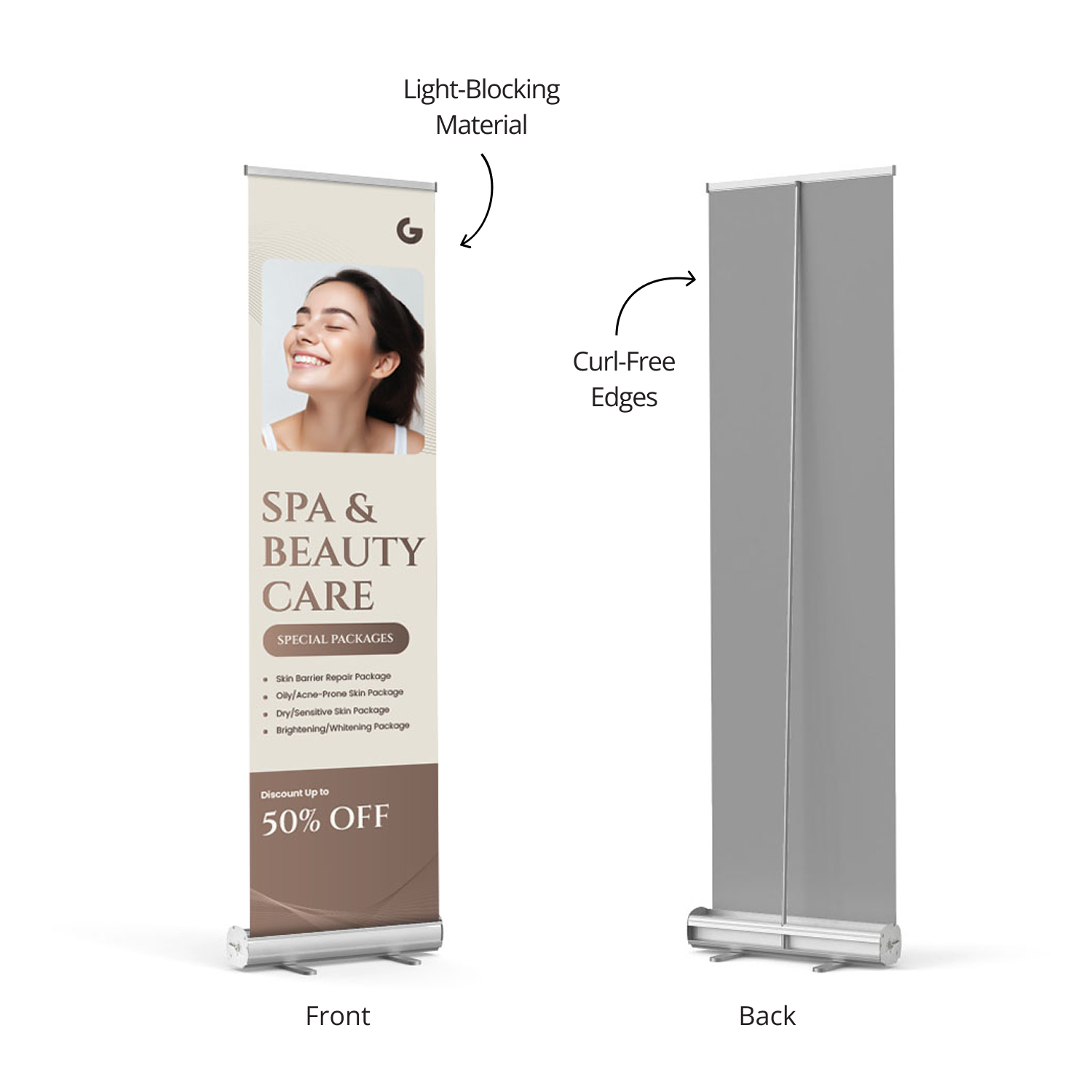 Front and back view of GoVizly 24x80 slim retractable banner stand showing light-blocking fabric material