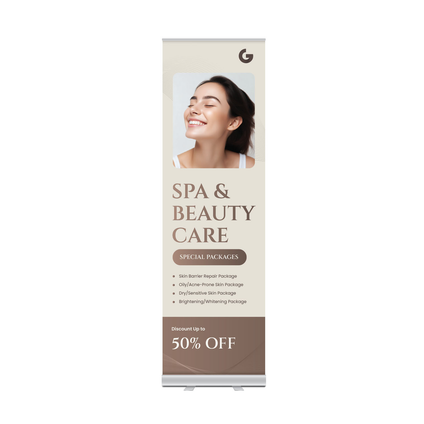 GoVizly 24x80 slim retractable banner stand front view with full-color printed graphic